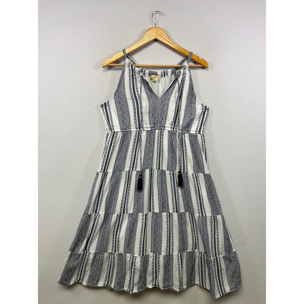 Studio West Boho Tribal Print Women Large White Blue Tiered Cotton‎ Midi Dress